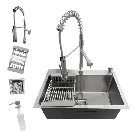 Kit Cuba Pia Gourmet 60x40 Aço Inox 304 Torneira Monocomando Aço Inox Escovado