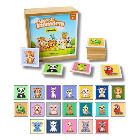 Jogo Da Memória Animais 40 Peças Brinquedo Educativo Infantil Em Madeira Mdf