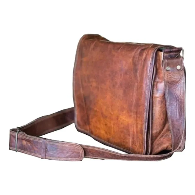 Bolso De Mensajero Hecho A Mano Cuero Marrón 15 X 11 X 4 In