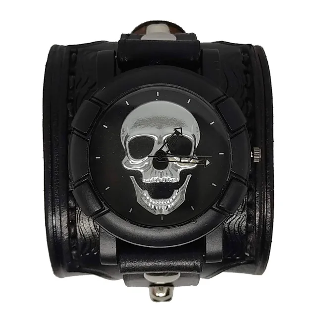 Brazalete Cuero Vacuno Con Reloj Skmei Calavera Acero Skull 