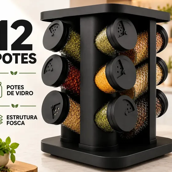 Porta Temperos Condimentos 12 Unidades Potes Vidro Base Giratória Preto Organizador Cozinha Dosador Sólar