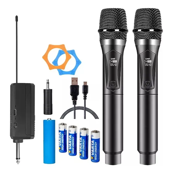 Microfone Sem Fio Profissional Dinâmico Duplo Uhf Led Com Receptor Recarregável Karaoke Dinamico Tippi