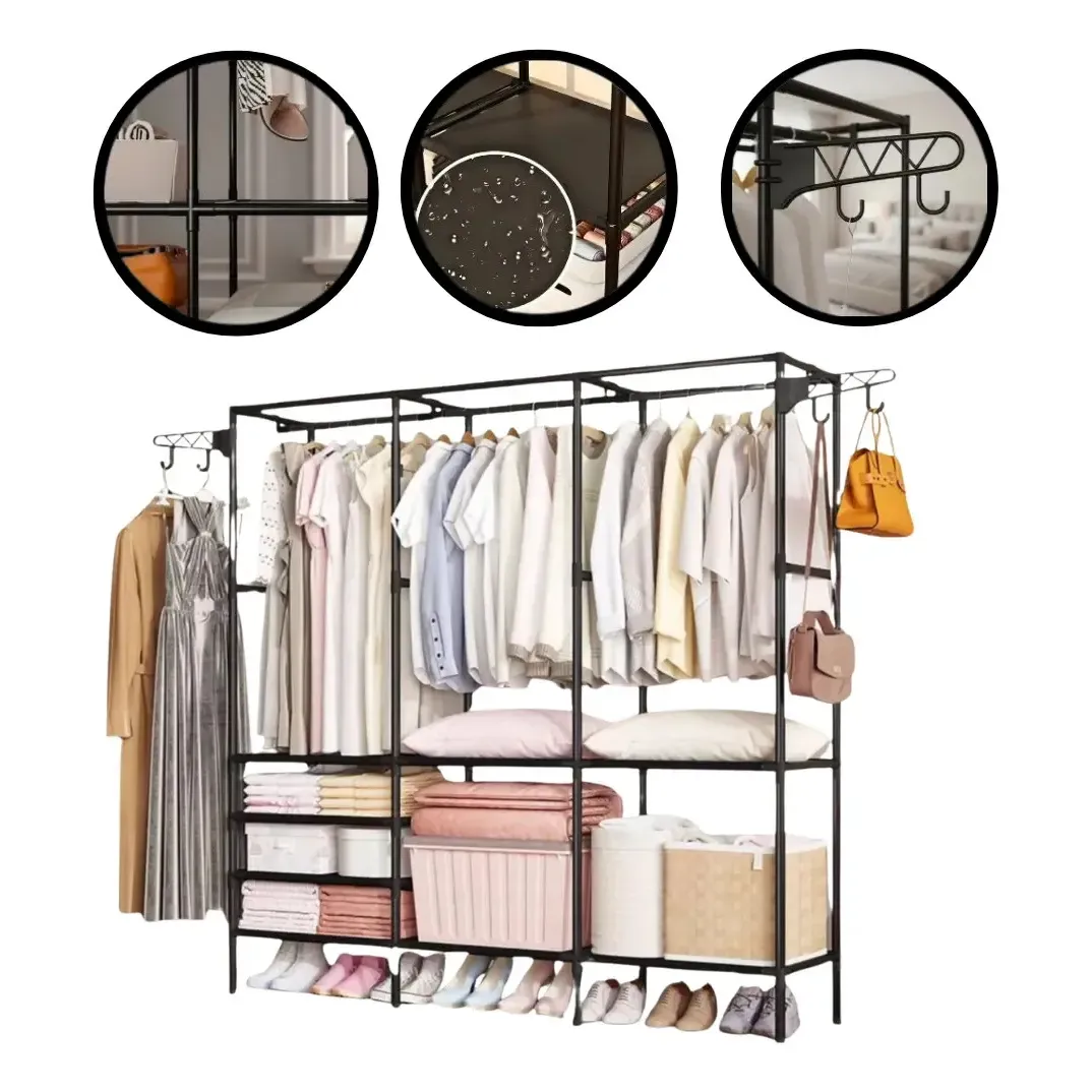 Guarda Roupa Dobravel Closet Aberto Organizador De Roupas Desmontavel E Arara Organizadora 4 Colunas Em Aço Resistente Rishon — foto 3