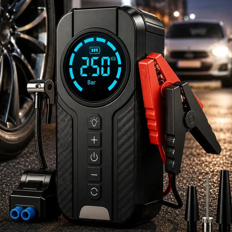 Auxiliar De Partida Com Compressor De Ar 150 Psi Calibrador Digital De Pneu 12V 4 Em 1 Recarregável Bivolt Inflador Mangueira Para Carro Caminhonete SUV Pickup Emergência Automotiva MidiaFone