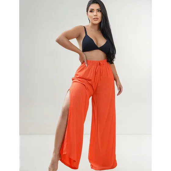 Calça Feminina Estilo Pantalona Com Fenda Na Lateral Casual
