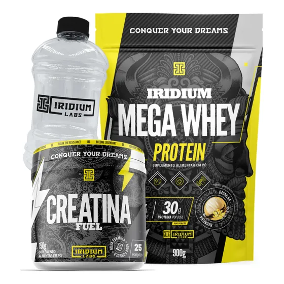 Kit Whey Protein Mega + Creatina Fuel 150g + Galão 950ml Sabor Baunilha