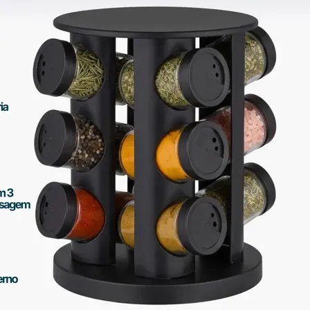 Kit Porta Condimentos Vitrex 9 Potes Em Vidro Preto Com Base Giratória