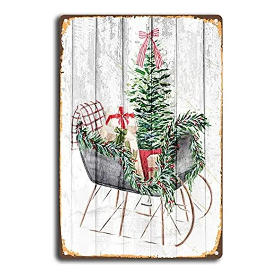 Señal De Lata De Navidad Antigua Trineo Lleno De Regal...