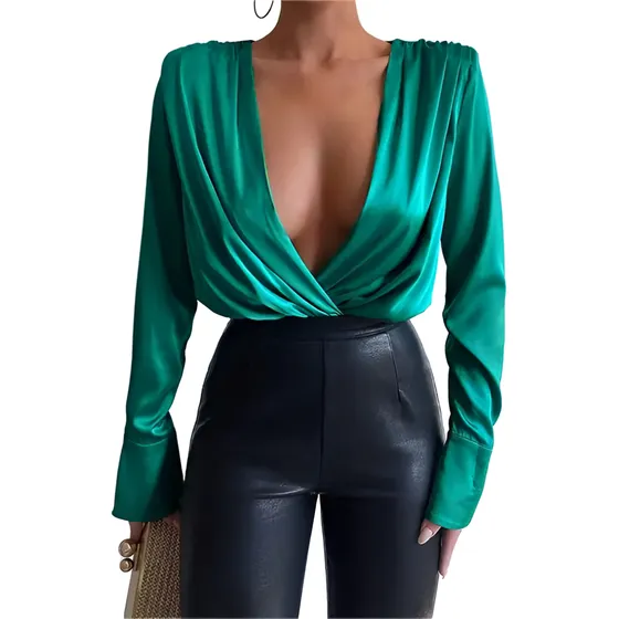 Body Manga Larga Cocktail Escotado Elegante Verde Jade
