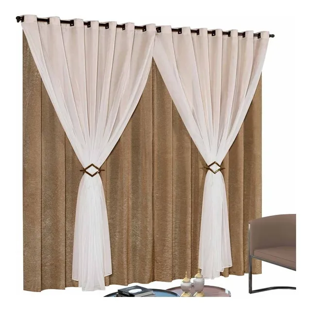 Cortina Sala Quarto 4,00x2,50m Tecido Cetim Com Xale Em Voil