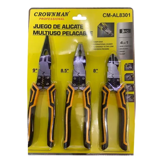 3 Alicate Universal Punta Larga Corte Multiuso Pelacable