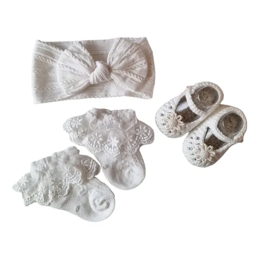 Conjunto Escarpines Vincha Medias Con Puntilla Bebe Blanco 0 A 3 Meses