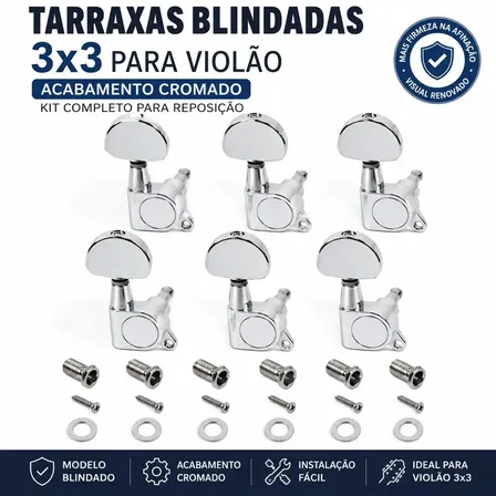 Jogo de Tarraxas Blindadas 3x3 Don Caprini para Violão, Cromadas com Kit de Instalação Fácil