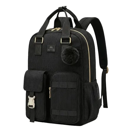 Mochila Escolar, Mochila Para Notebook 15.6 Polegadas, Mochila Feminina Preto Viagem Grande Capacidade 35L Tecido Veludo Cotelê Macio E Malha Respirável Itens Pessoais Matein Preta