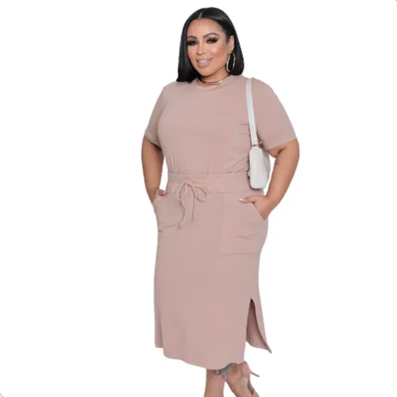 Conjunto Molentinho Cropped E Saia Midi Plus Size Com Manga