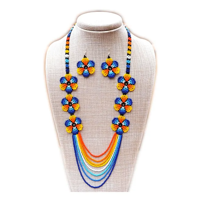 Collar Aretes Mujer Mostacilla Checa Flores Colgantes Cascad