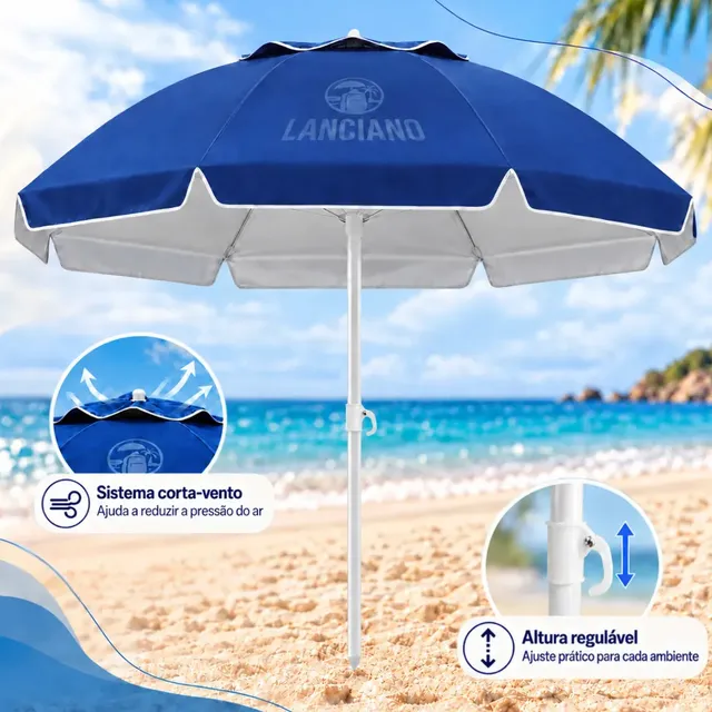 Guarda Sol Praia Grande Gigante 2,40m Proteção UV Corta Vento Respirável Altura Ajustável Verão Piscina Camping Pesca Cor Azul