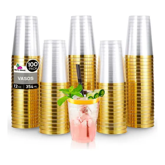 100 Vasos Berry Bloom de Plástico de 12 Onzas Reutilizables con Borde Dorado Copas Elegantes para Fiestas, Bodas, Postre, Cócteles, Vino