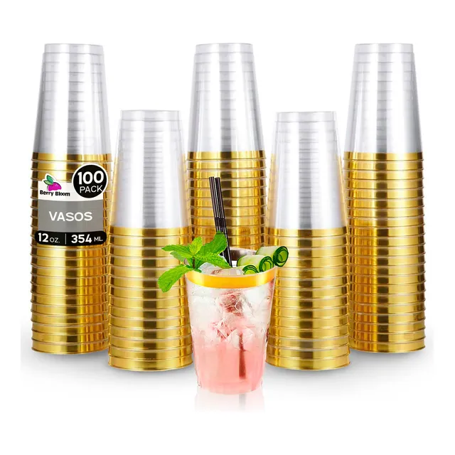 100 Vasos Berry Bloom de Plástico de 12 Onzas Reutilizables con Borde Dorado Copas Elegantes para Fiestas, Bodas, Postre, Cócteles, Vino