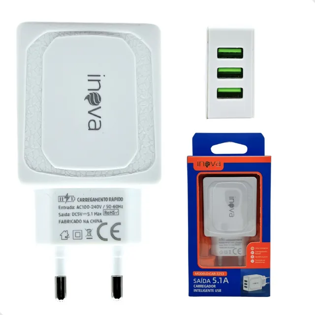 Fonte Turbo 3 Entradas Usb Carga Rápida 5.1 Para Celular
