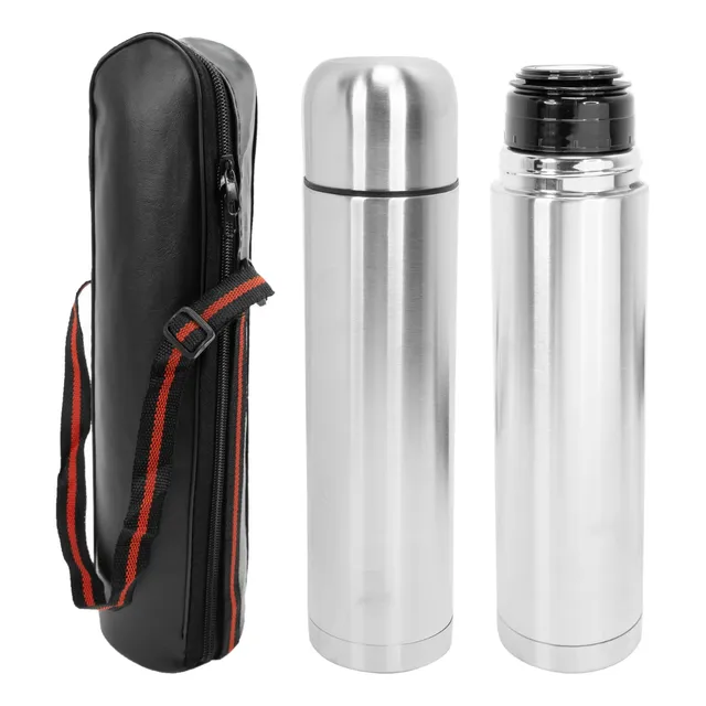 Termo Plateado 1 Litro + Estuche Simil Cuero Con Correa