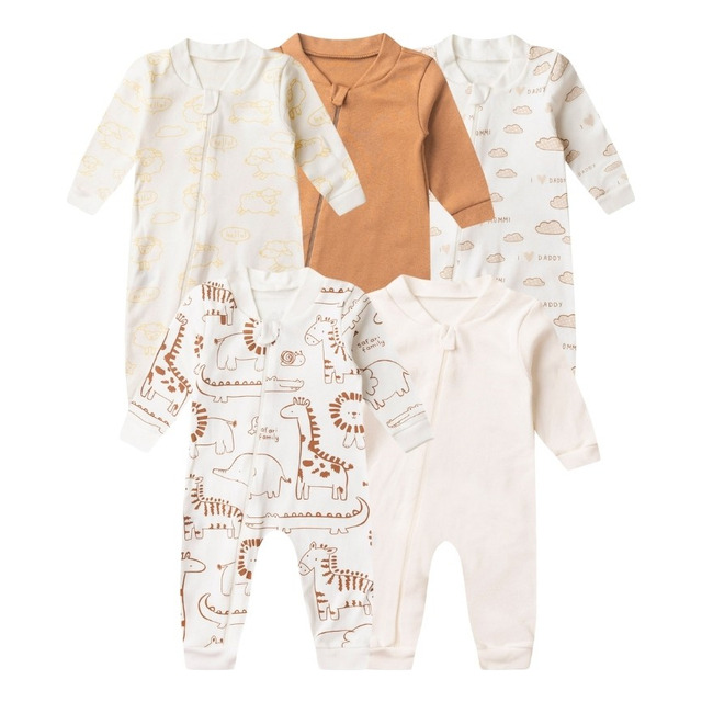 Kit 5 Macacão De Bebê Com Zíper Ovelha, Nuvens E Safari