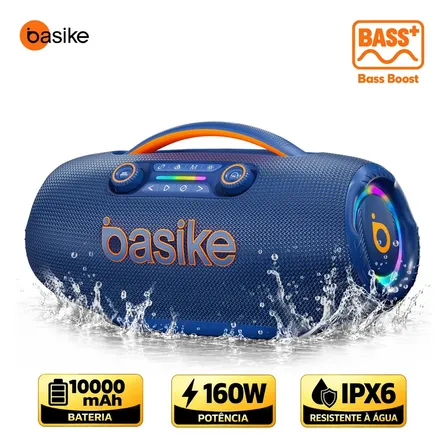 Caixa de Som Basike Boombox 160W RMS IPX6 RGB Bluetooth 5.3 TWS Bass Boost Bateria 10000mAh 12h FM USB TF Estéreo Hi-Fi Churrasco Praia Camping Festa Portátil
