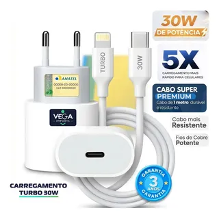 Carregador 30w Turbo Para iPhone 8 X Xr 11 12 13 14 Pro Max Fonte Usb C Vega Brasil Branco