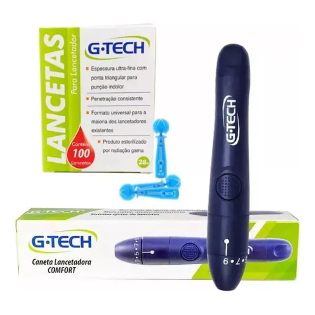 Kit Com 100 Lancetas Glicose Caneta Lancetadora G-tech Cor Azul