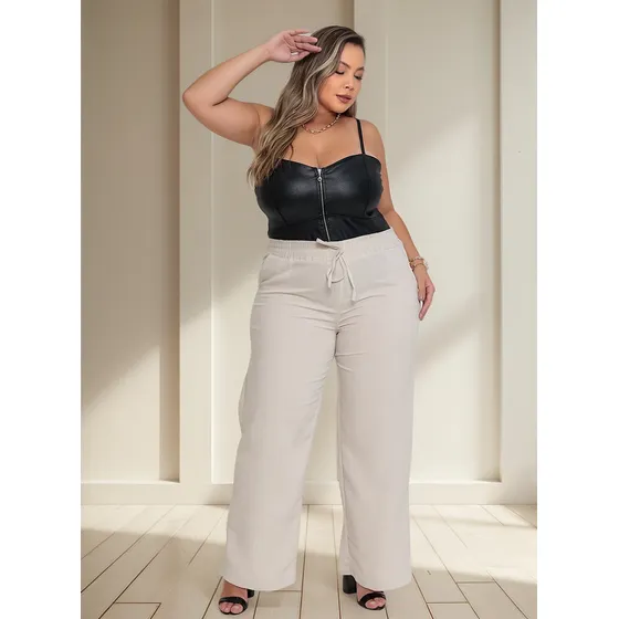 Calça Plus Size Pantalona Wide Leg De Linho