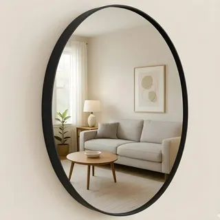 OUEspelho Redondo Decorativo 60x60 Moldura Em Couro Moldura Preto