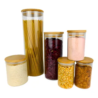 Conjunto 6 Potes De Vidro Tampa Bambu Organizador Cozinha Conjunto 6 Potes De Vidro Tampa Bambu Organizador Cozinha