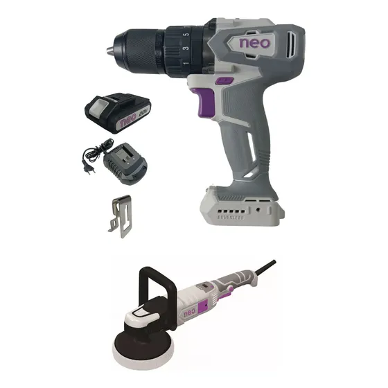 Kit Taladro Atornillador Con Percutor + Lustrapulidora Neo