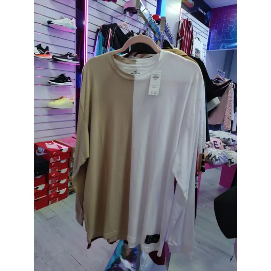 Camisa Manga Larga Hollister Beige Con Blanco (men)