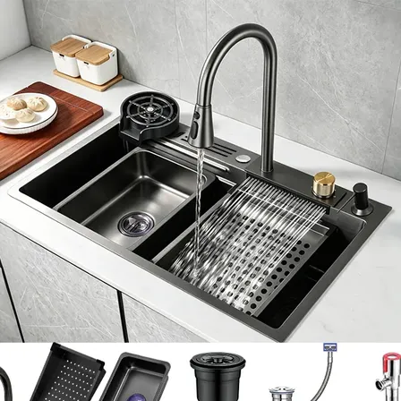 Cuba Pia De Cozinha Gourmet Inox 304 Com Torneira Acessórios Preto