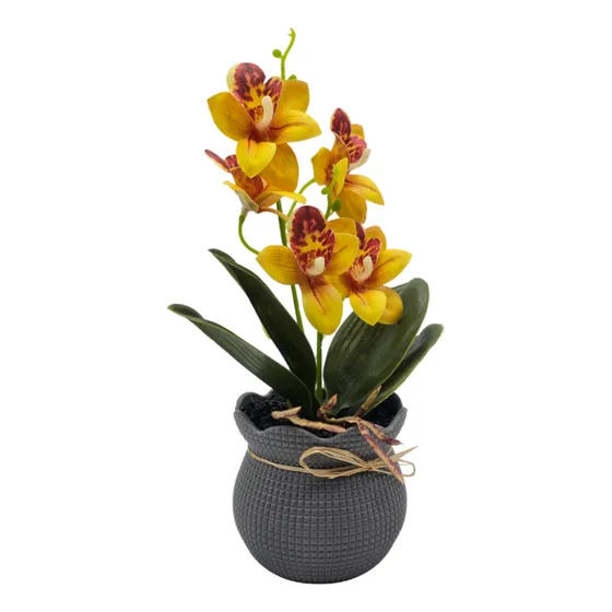 Planta Artificial Orquidea Decorativa Amarilla Maceta Resina
