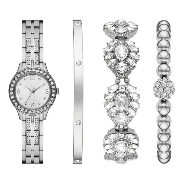 Set Reloj Dama Folio Analógico Pulso Metálico Plateado
