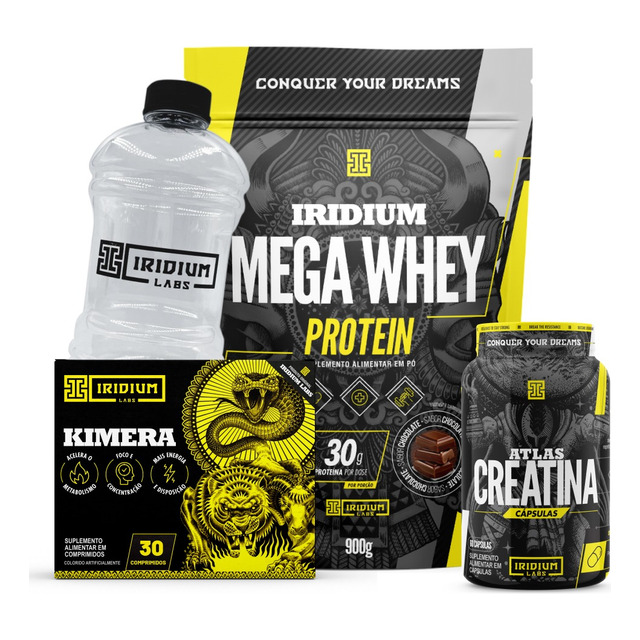 Kit Mega Whey + Creatina Cáps+ Kimera Thermo 30+ Galão 950ml Sabor Chocolate Kit Mega Whey + Creatina Cáps+ Kimera Thermo 30+ Galão 950ml Sabor Chocolate