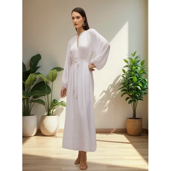 Vestido Iódice Midi Decote V Com Franzido Off White