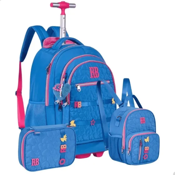 Kit Mochila Lancheira Estojo Rodinha Rebecca Bonbon Azul Rb