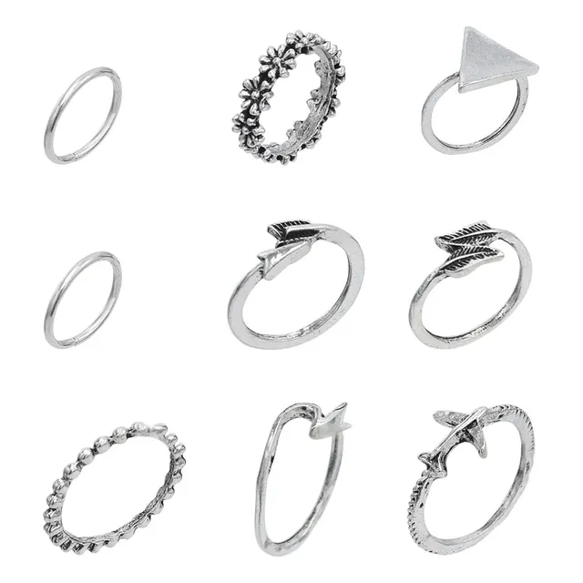Conjunto Anillos Flecha Geometrico Flor Plateado 