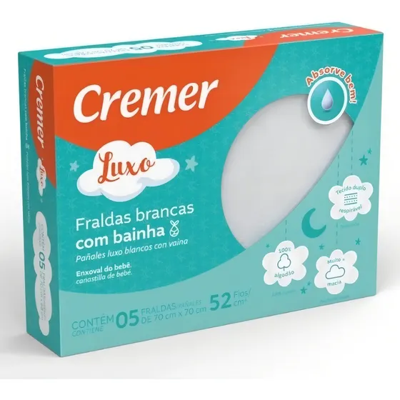 Fralda Cremer Luxo Branco C/bainha Cx/5 Unid. Gênero Sem gênero Tamanho 70x68