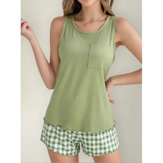 Conjunto De Pijama A Cuadros De Verano Para Mujer, Pantalone