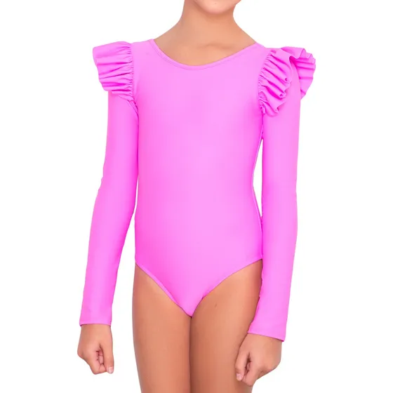 Traje De Baño Entero Manga Larga Con Volante Unicolor