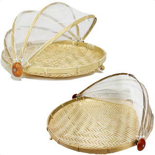 Kit 2 Cestos Porta Pão Bolo Bambu Cobertura Retrátil 40/30cm Kit 2 Cestos Porta Pão Bolo Bambu Cobertura Retrátil 40/30cm