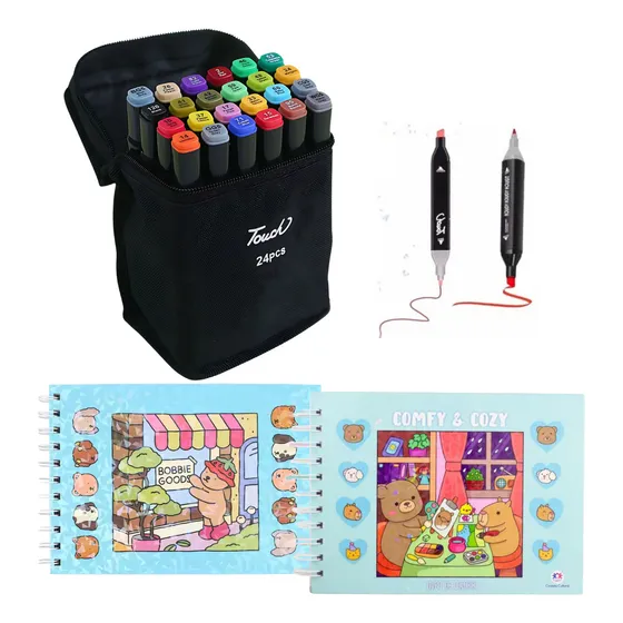 Kit 24  Canetas Cabeça Dupla Colorida + 2 Livros De Colorir