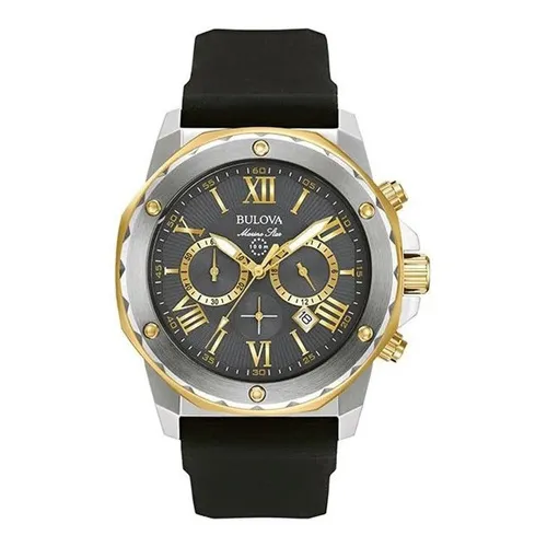 Reloj Bulova Hombre  Marine Star Crono 98b277 Color De La Malla Negro Color Del Bisel Plateado Color Del Fondo Negro
