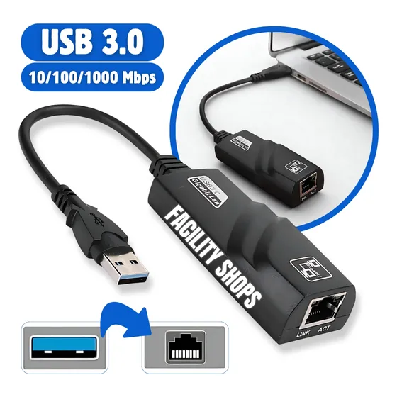 Adaptador Ethernet Usb 3.0 Rj45 Placa De Rede Gigabit 10/100/1000 Mbps Para Windows Notebook E Desktop Facility