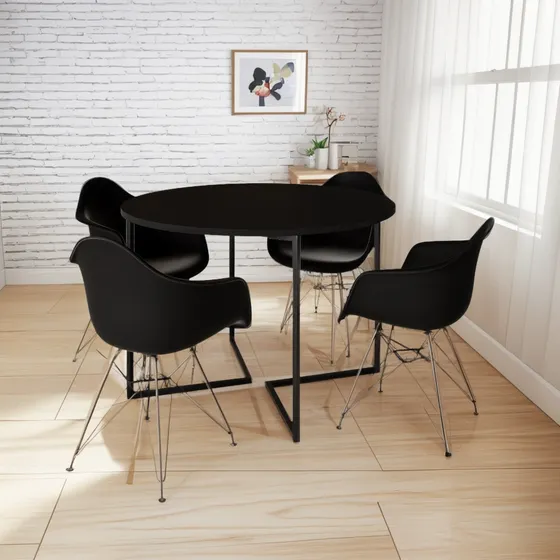 Mesa Industrial Ferro Preto V Redondo 110cm Com 4 Poltronas