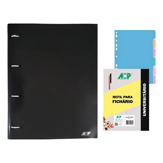 Caderno Argolado Fichário Acp A4 Sweet + Bloco E Divisórias Cor Preto